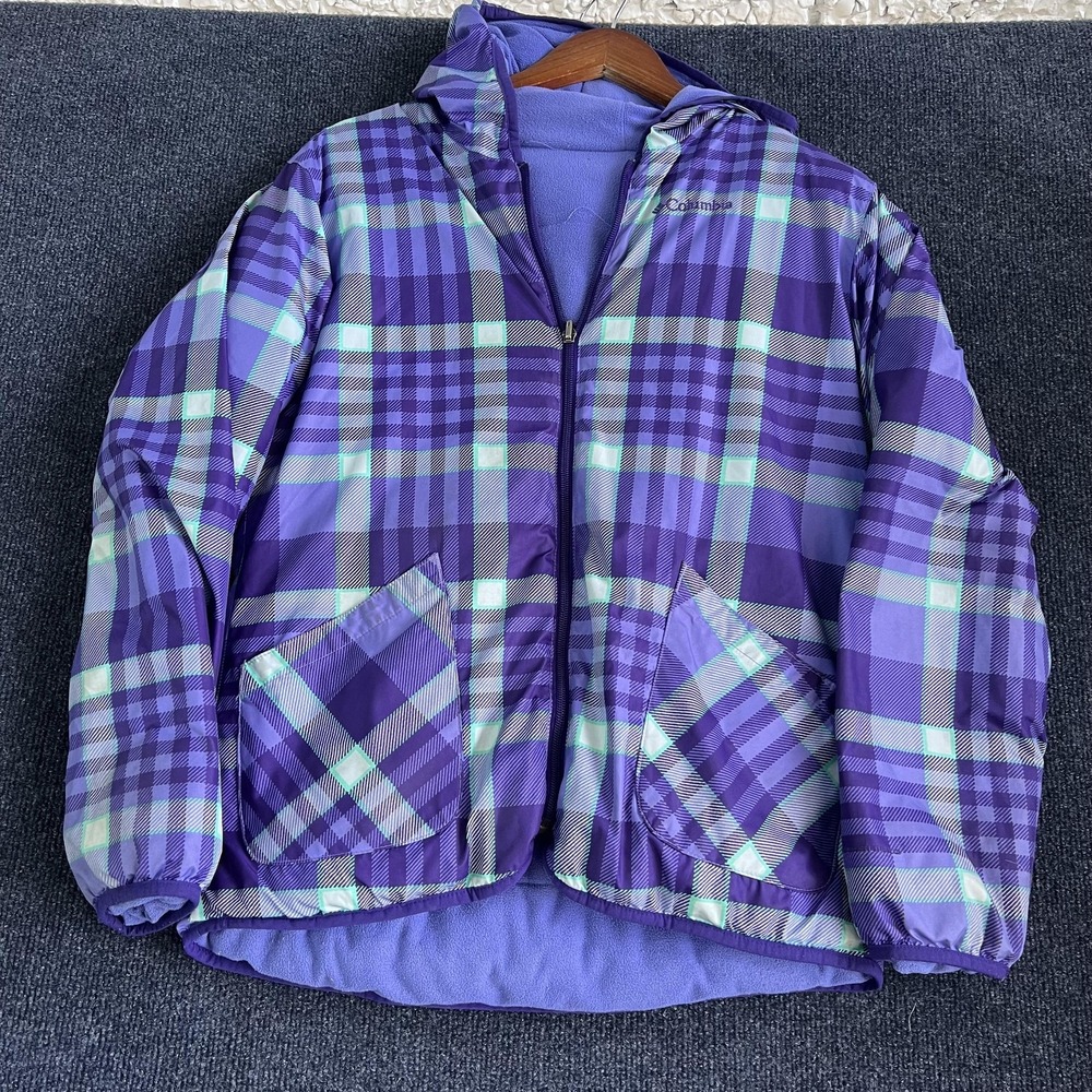 Columbia Jacket Kids Large Purple Plaid Hooded Reversible Fleece Puffer Warm